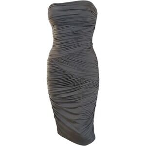 Bee Darlin Strapless Ruched Bodycon Dress Size 3/4 Charcoal Gray Cocktail Midi‎